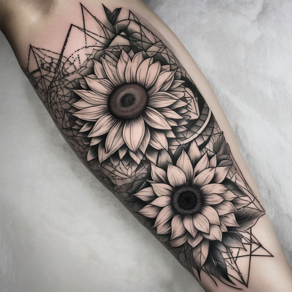 sunflower and roses floral sleeve tattoo hello kitty tattoo, AI-generated Geometric tattoo design